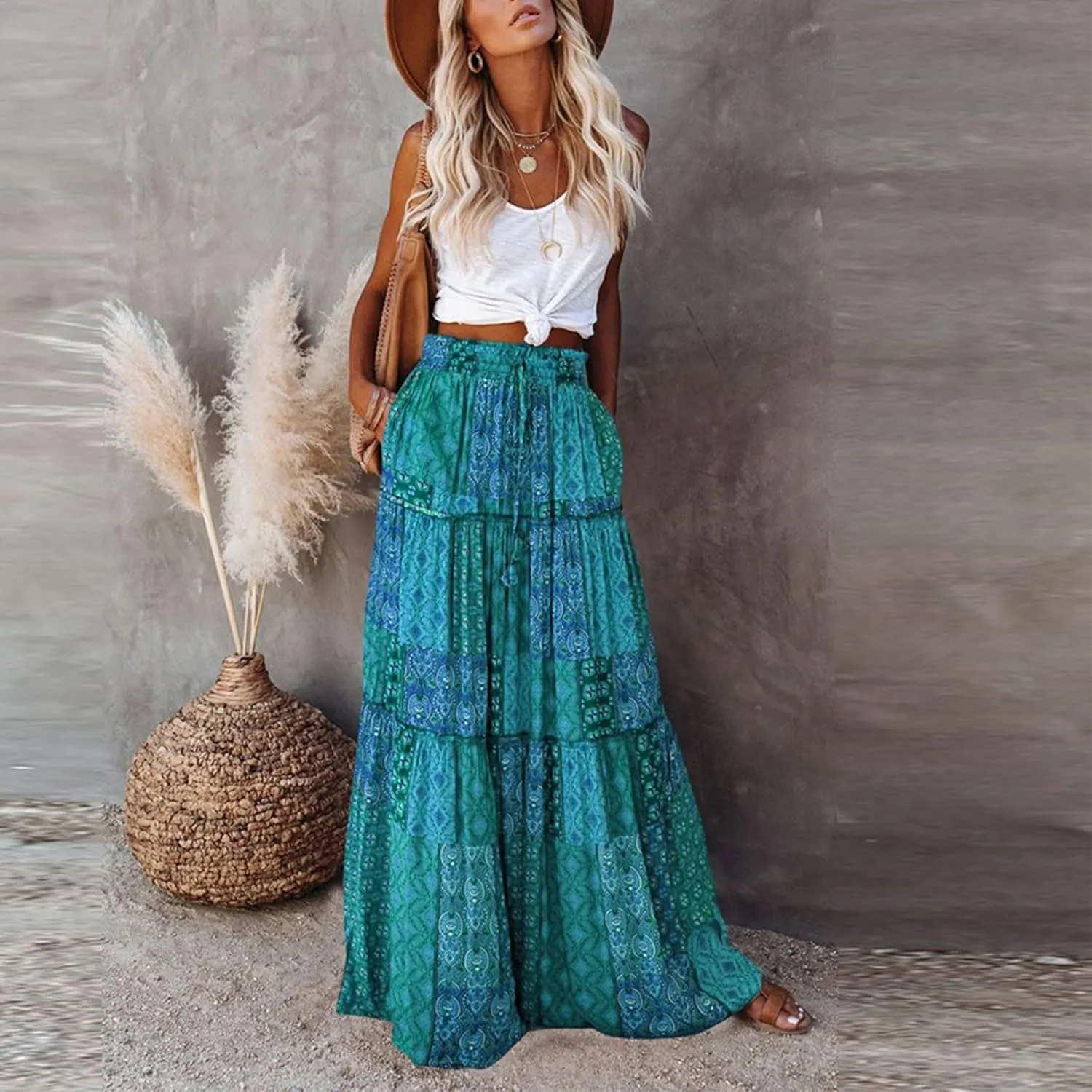 Maxi Skirts for Women Beach Boho Skirts Flowy Swing High Waisted Ruffle Tiered Summer Floral Skort with Pockets