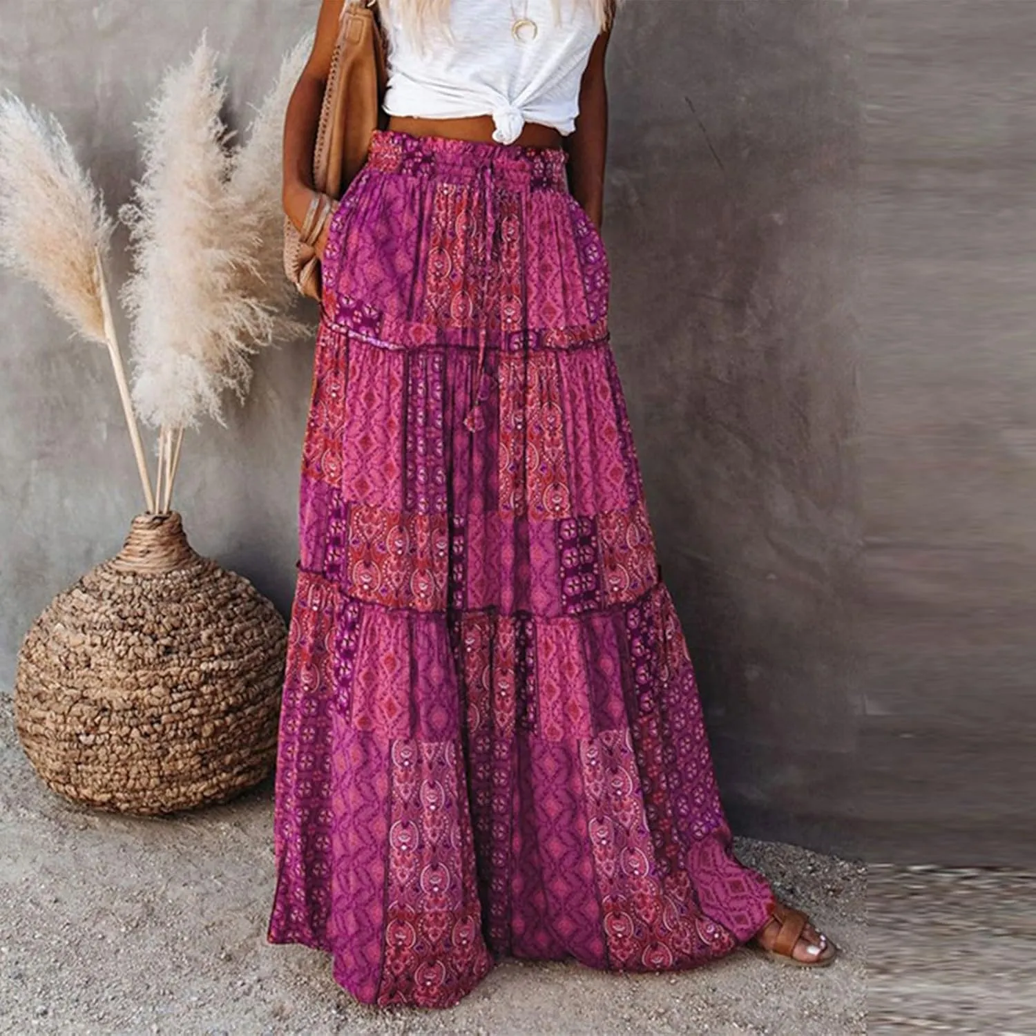 Maxi Skirts for Women Beach Boho Skirts Flowy Swing High Waisted Ruffle Tiered Summer Floral Skort with Pockets