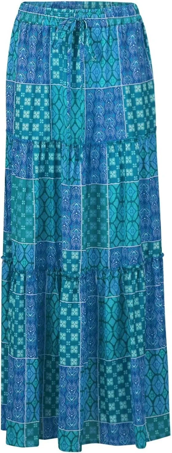 Maxi Skirts for Women Beach Boho Skirts Flowy Swing High Waisted Ruffle Tiered Summer Floral Skort with Pockets