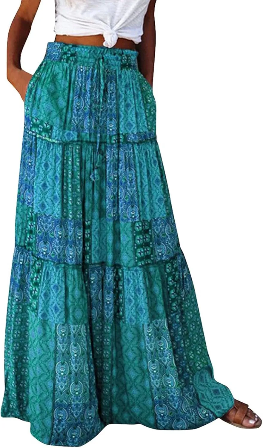 Maxi Skirts for Women Beach Boho Skirts Flowy Swing High Waisted Ruffle Tiered Summer Floral Skort with Pockets