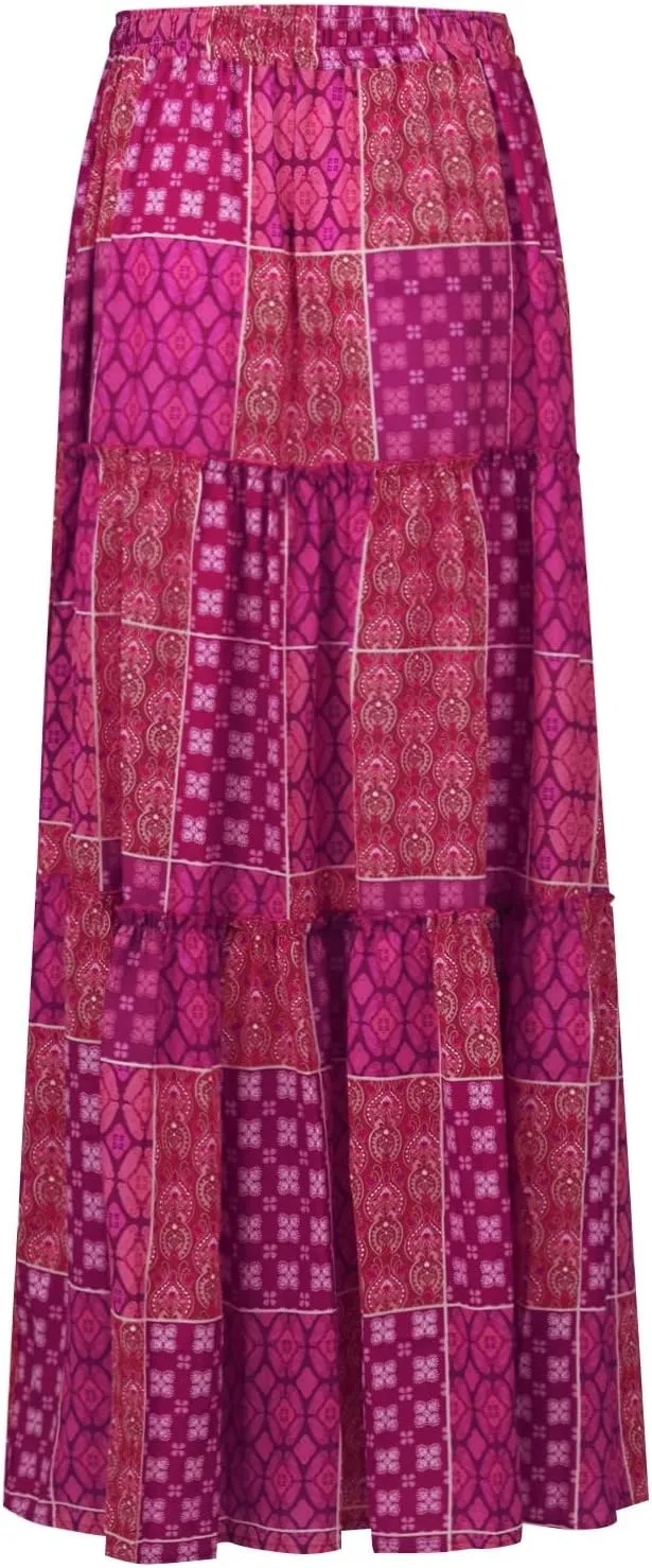 Maxi Skirts for Women Beach Boho Skirts Flowy Swing High Waisted Ruffle Tiered Summer Floral Skort with Pockets