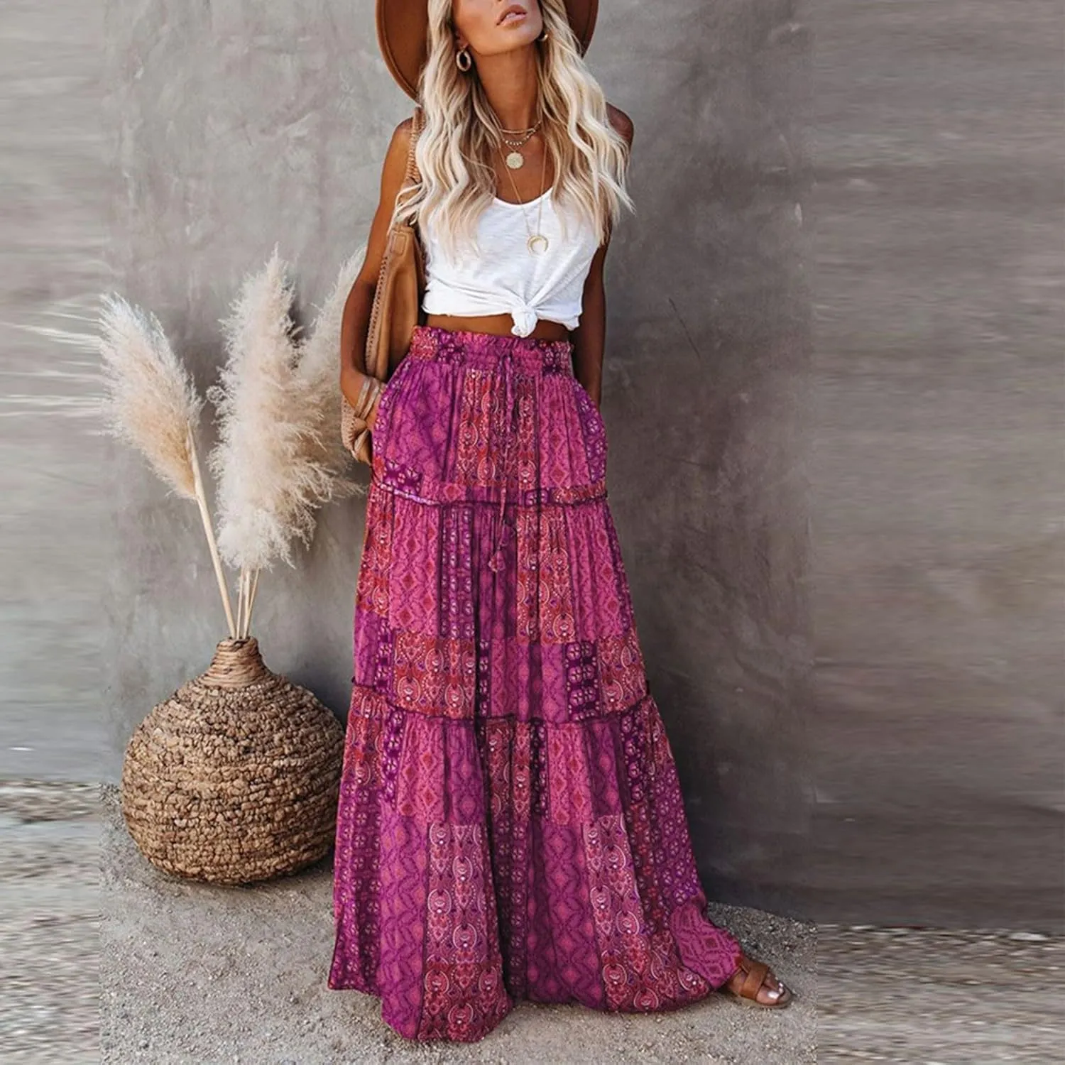 Maxi Skirts for Women Beach Boho Skirts Flowy Swing High Waisted Ruffle Tiered Summer Floral Skort with Pockets