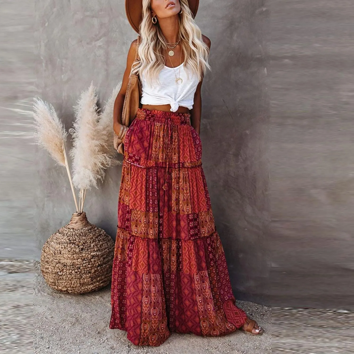 Maxi Skirts for Women Beach Boho Skirts Ruffle Tiered Flowy Swing High Waisted Summer Floral Skort with Pockets