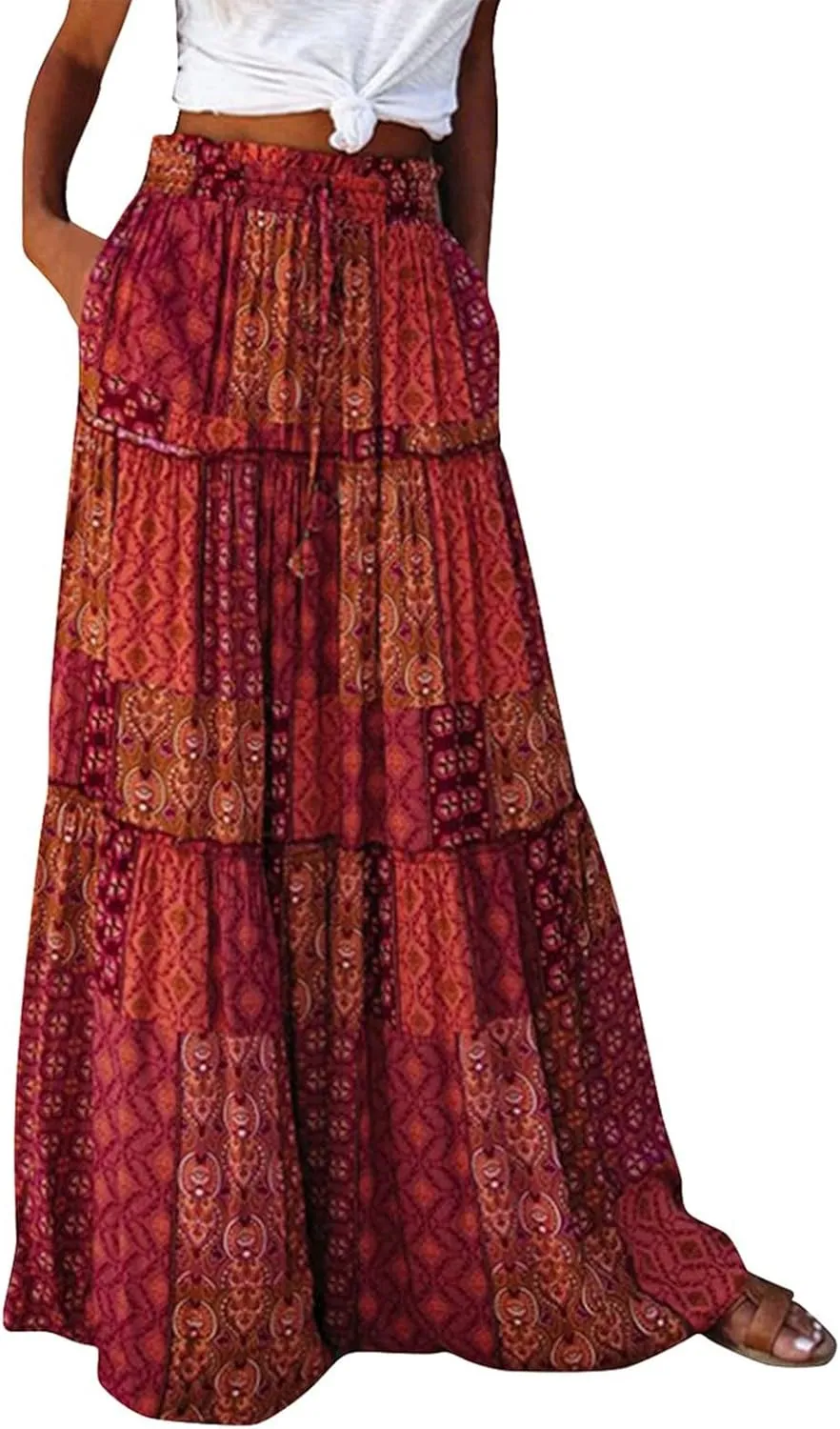 Maxi Skirts for Women Beach Boho Skirts Ruffle Tiered Flowy Swing High Waisted Summer Floral Skort with Pockets