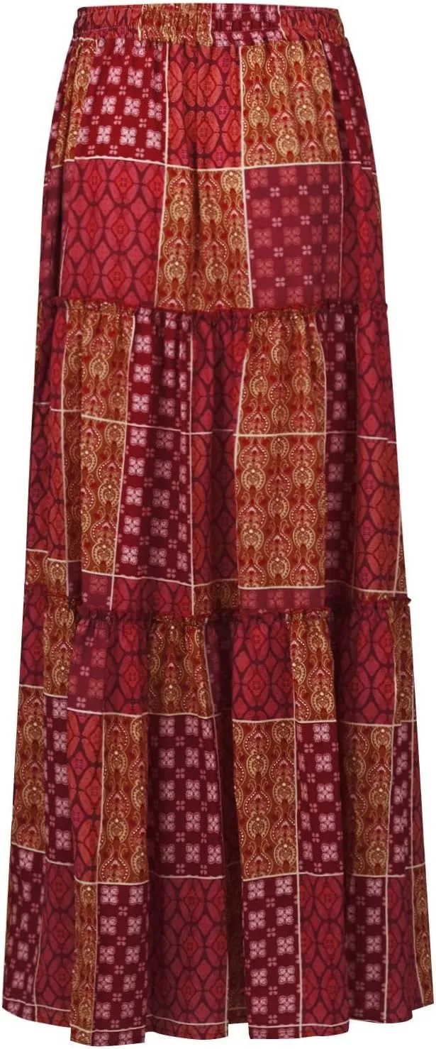 Maxi Skirts for Women Beach Boho Skirts Ruffle Tiered Flowy Swing High Waisted Summer Floral Skort with Pockets