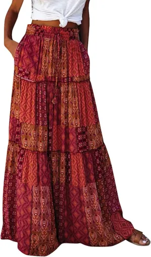 Maxi Skirts for Women Beach Boho Skirts Ruffle Tiered Flowy Swing High Waisted Summer Floral Skort with Pockets