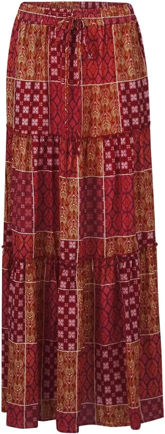 Maxi Skirts for Women Beach Boho Skirts Ruffle Tiered Flowy Swing High Waisted Summer Floral Skort with Pockets