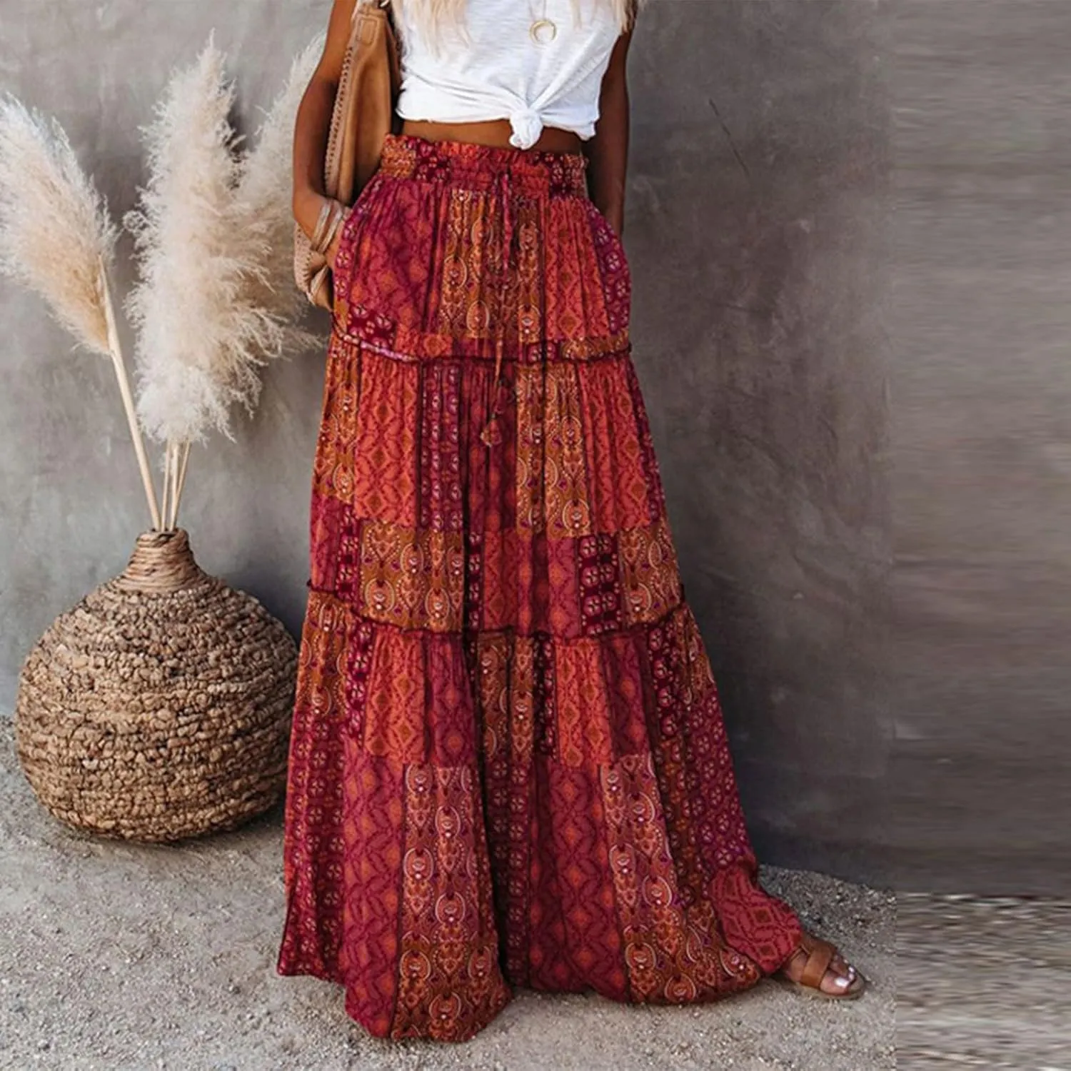 Maxi Skirts for Women Beach Boho Skirts Ruffle Tiered Flowy Swing High Waisted Summer Floral Skort with Pockets