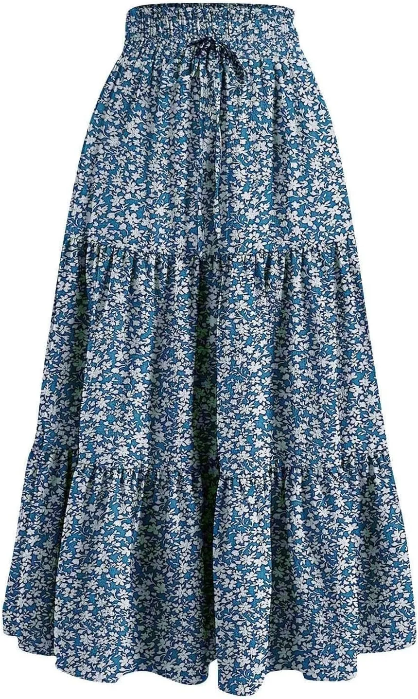Maxi Skirts for Women Boho Floral Print Tiered Flowy Skirt Vacation Elastic Drawstring Waist A Line Pleated Skirt