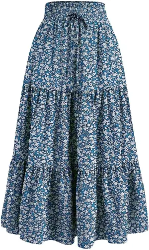 Maxi Skirts for Women Boho Floral Print Tiered Flowy Skirt Vacation Elastic Drawstring Waist A Line Pleated Skirt
