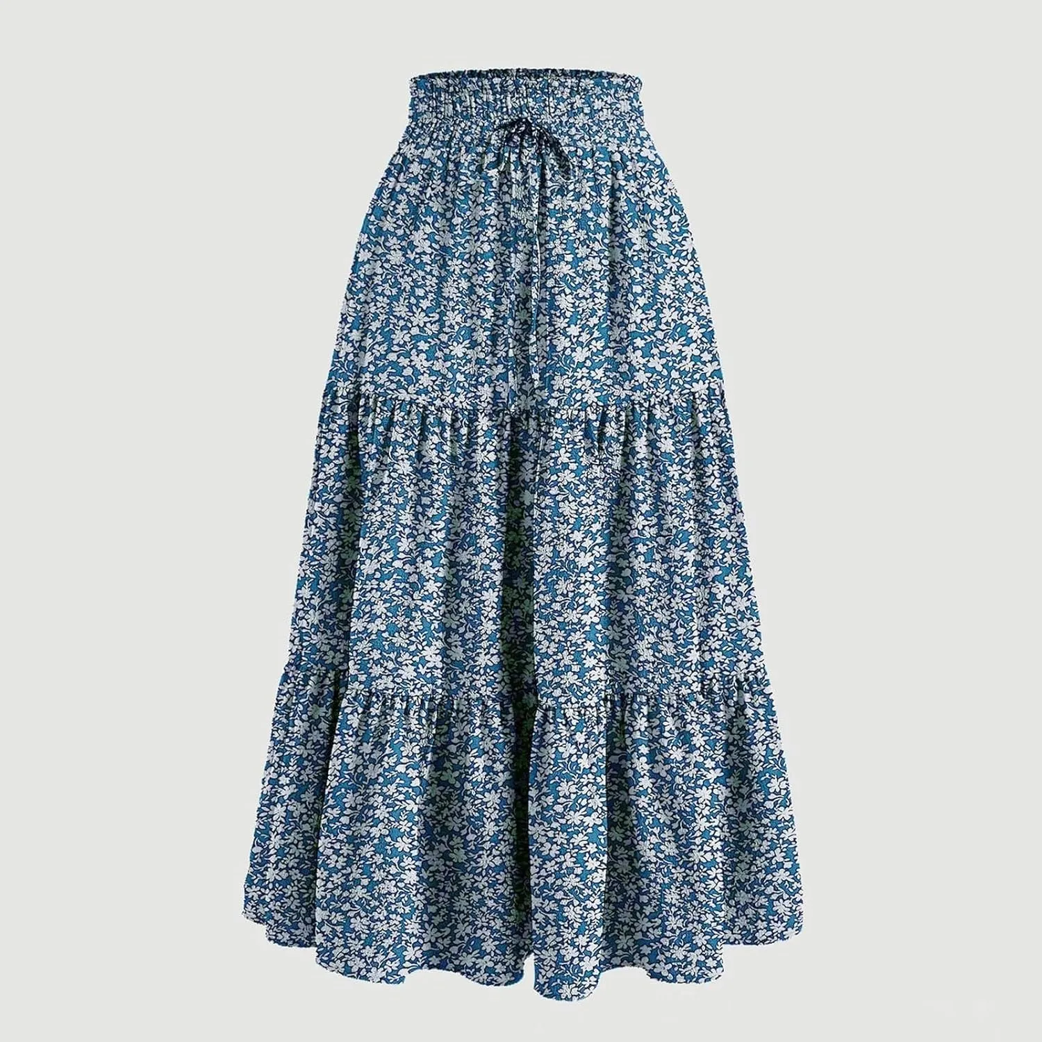 Maxi Skirts for Women Boho Floral Print Tiered Flowy Skirt Vacation Elastic Drawstring Waist A Line Pleated Skirt