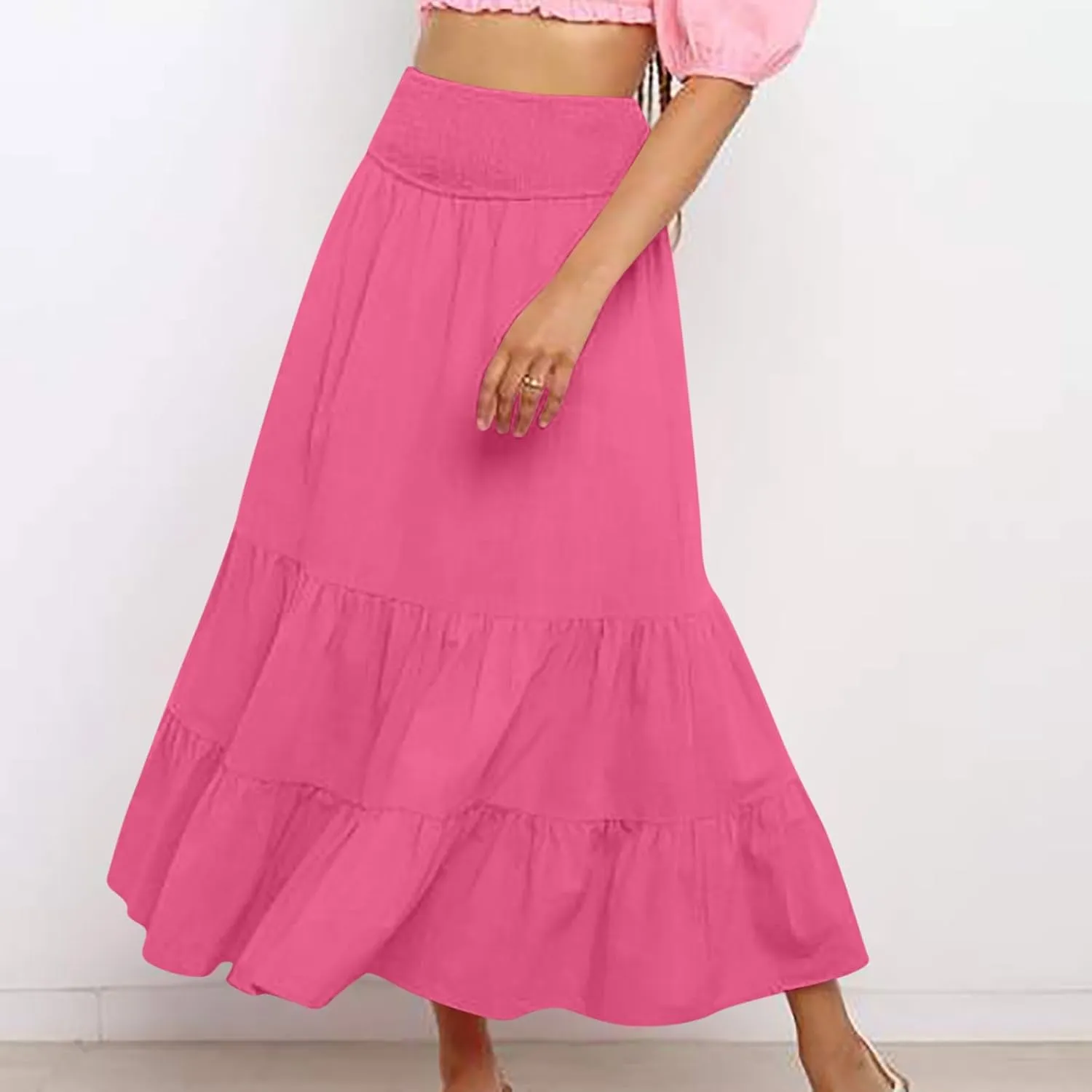 Maxi Skirts for Women Solid Color Ruffle Tiered Pleated Elastic High Waisted Skirt Summer Casual Flowy A Line Skirts
