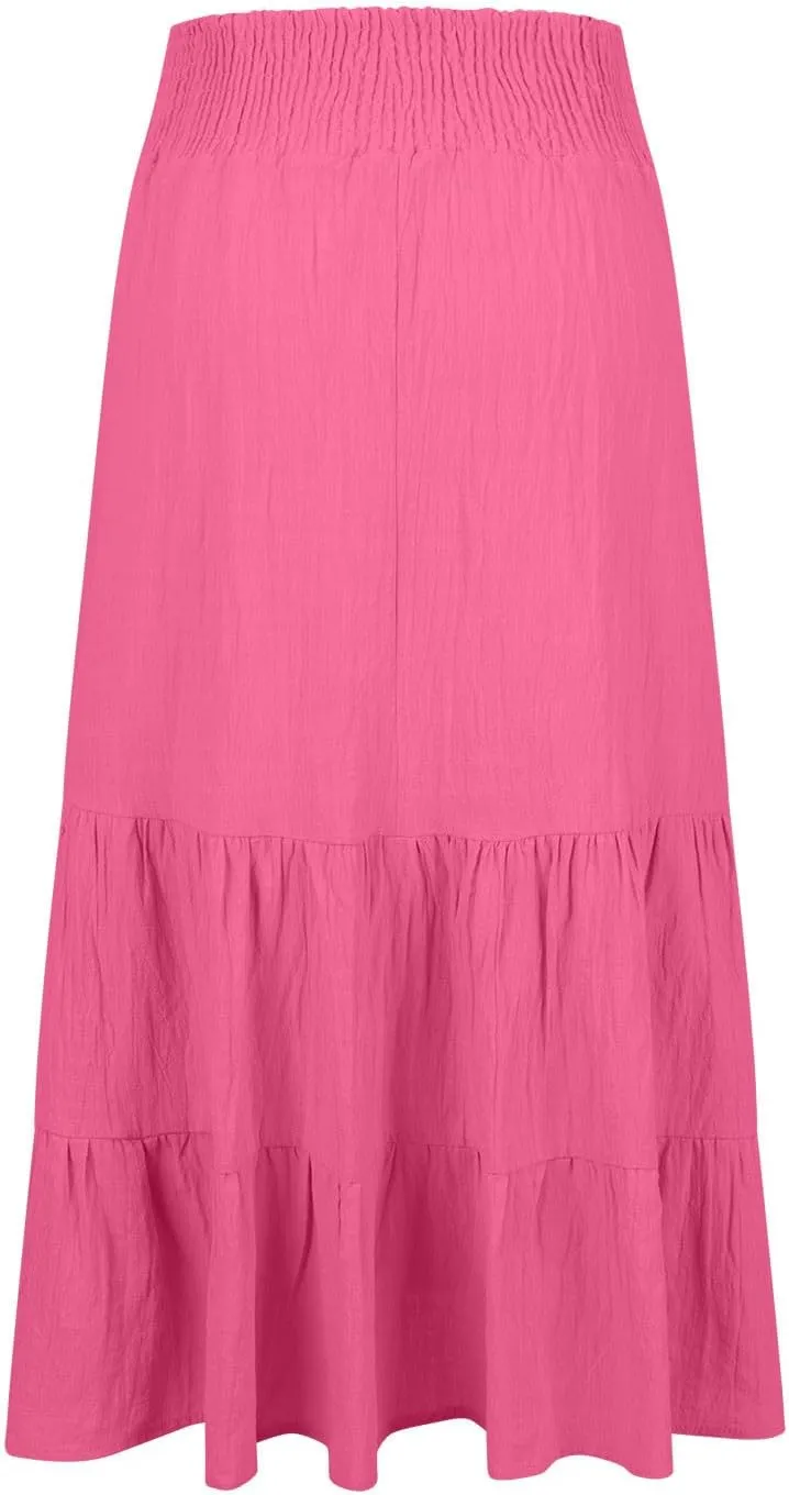 Maxi Skirts for Women Solid Color Ruffle Tiered Pleated Elastic High Waisted Skirt Summer Casual Flowy A Line Skirts
