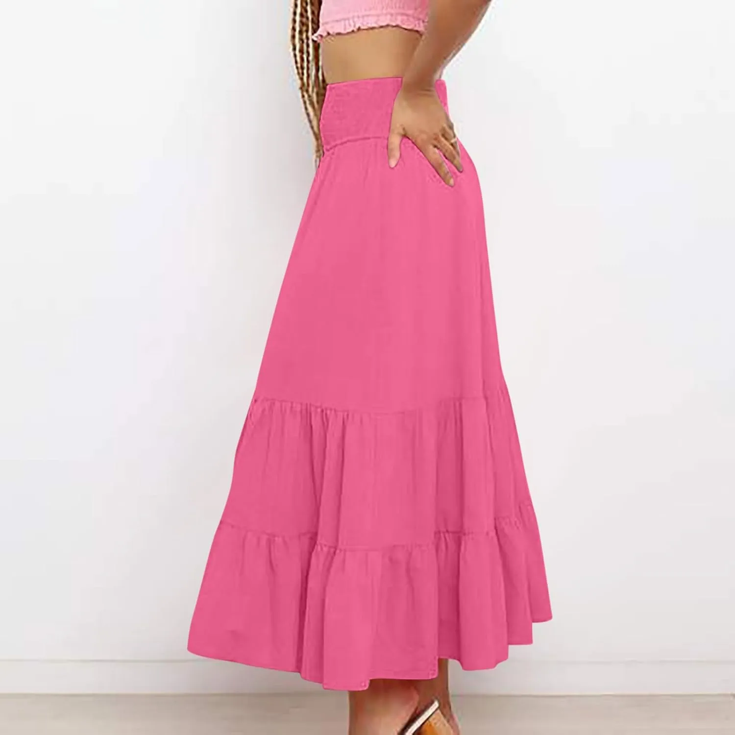 Maxi Skirts for Women Solid Color Ruffle Tiered Pleated Elastic High Waisted Skirt Summer Casual Flowy A Line Skirts
