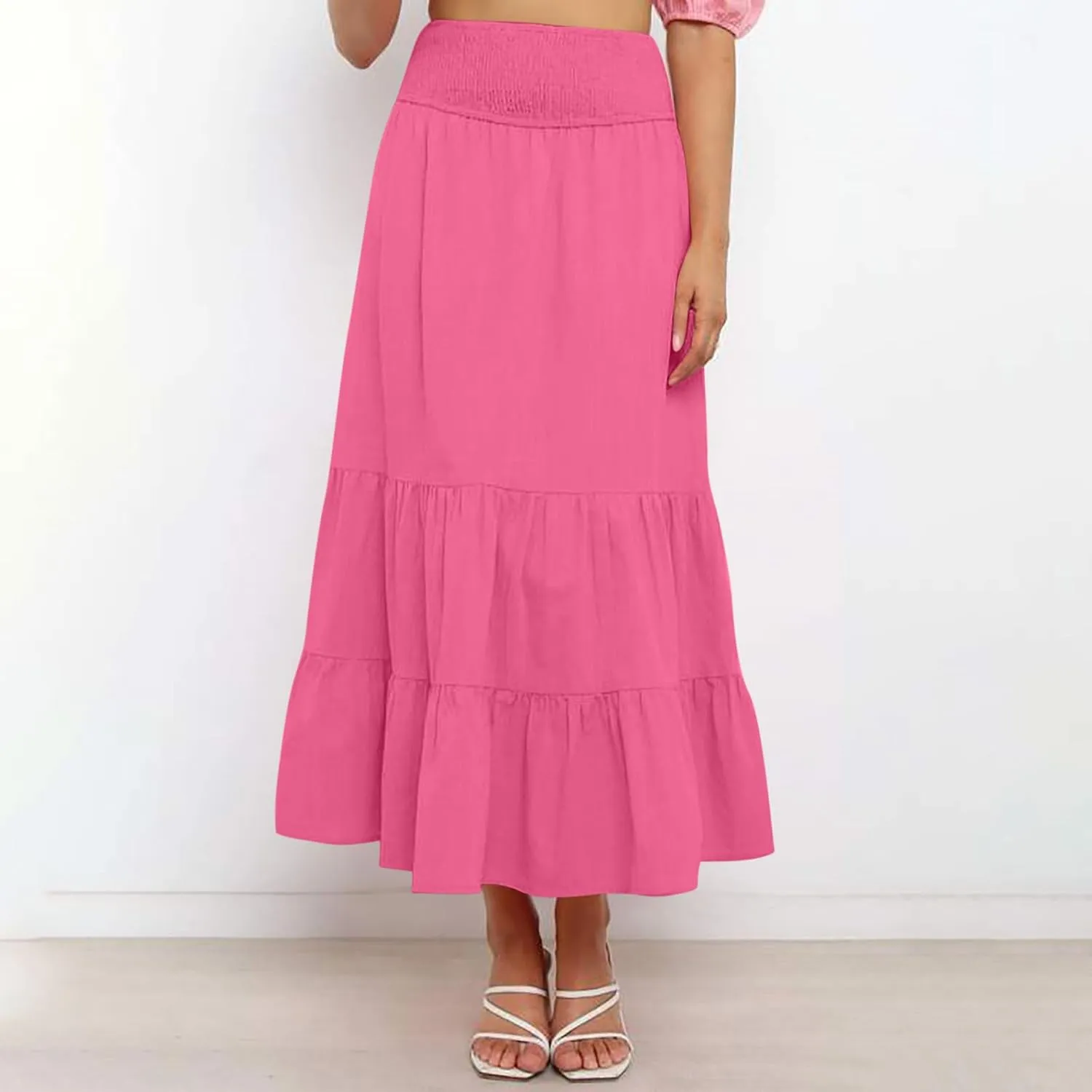 Maxi Skirts for Women Solid Color Ruffle Tiered Pleated Elastic High Waisted Skirt Summer Casual Flowy A Line Skirts