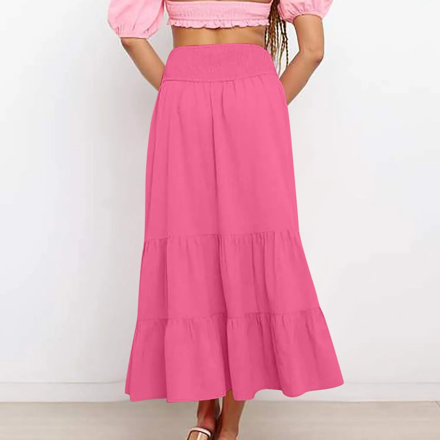 Maxi Skirts for Women Solid Color Ruffle Tiered Pleated Elastic High Waisted Skirt Summer Casual Flowy A Line Skirts