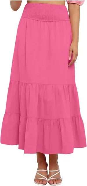 Maxi Skirts for Women Solid Color Ruffle Tiered Pleated Elastic High Waisted Skirt Summer Casual Flowy A Line Skirts