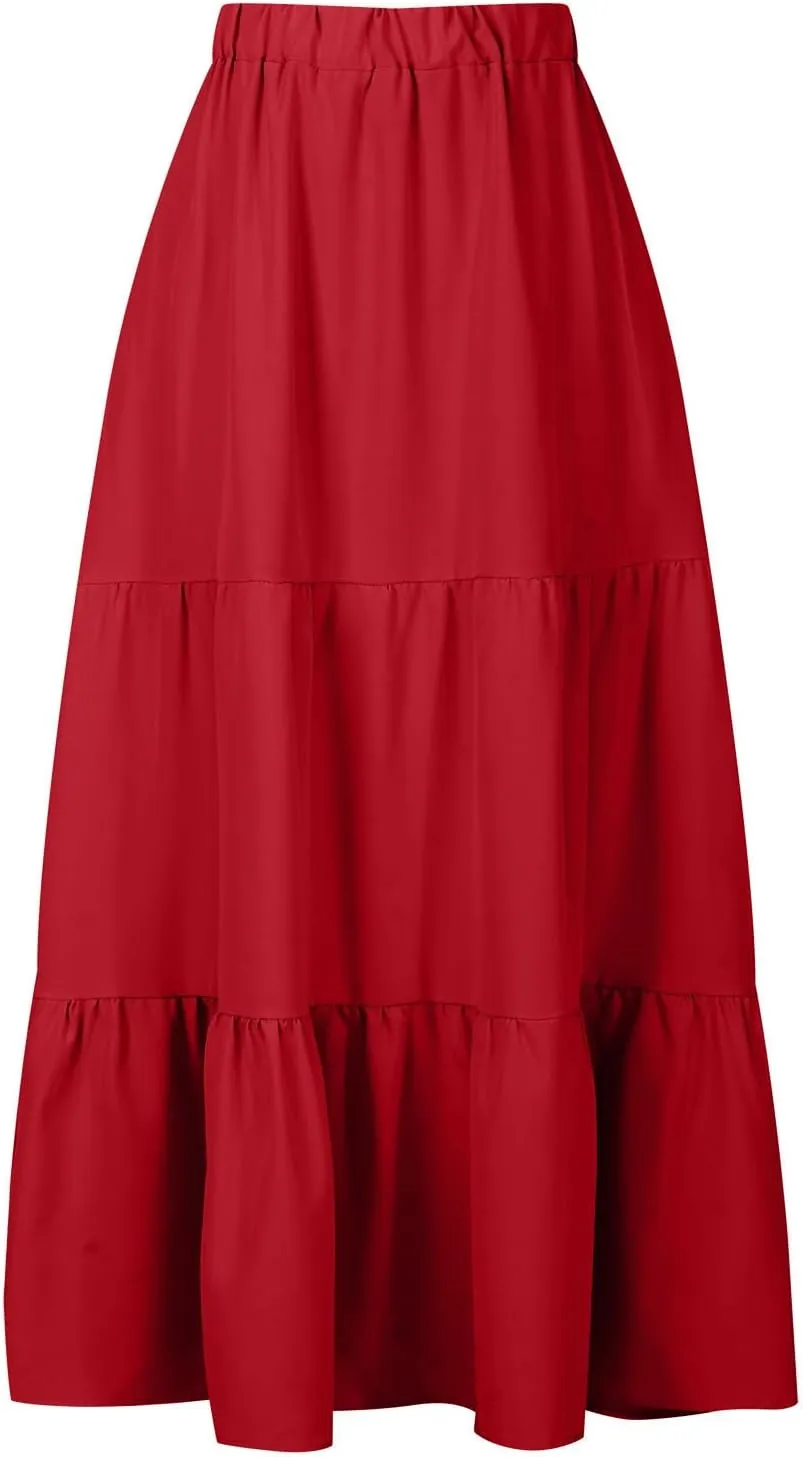 Maxi Skirts for Women Stretch Flowy Tiered Pleated Skirt Elastic Waist Summer Bohemian Ruched Skirts with Pockets