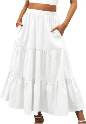 Maxi Skirts for Women Stretch Flowy Tiered Pleated Skirt Elastic Waist Summer Bohemian Ruched Skirts with Pockets