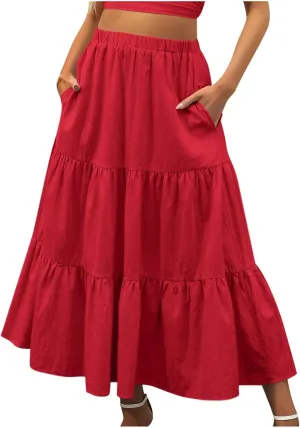 Maxi Skirts for Women Stretch Flowy Tiered Pleated Skirt Elastic Waist Summer Bohemian Ruched Skirts with Pockets