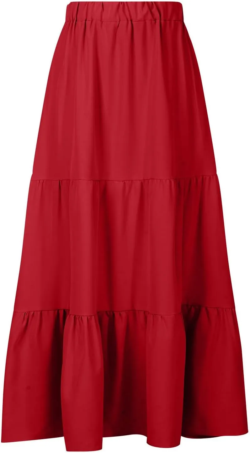 Maxi Skirts for Women Stretch Flowy Tiered Pleated Skirt Elastic Waist Summer Bohemian Ruched Skirts with Pockets