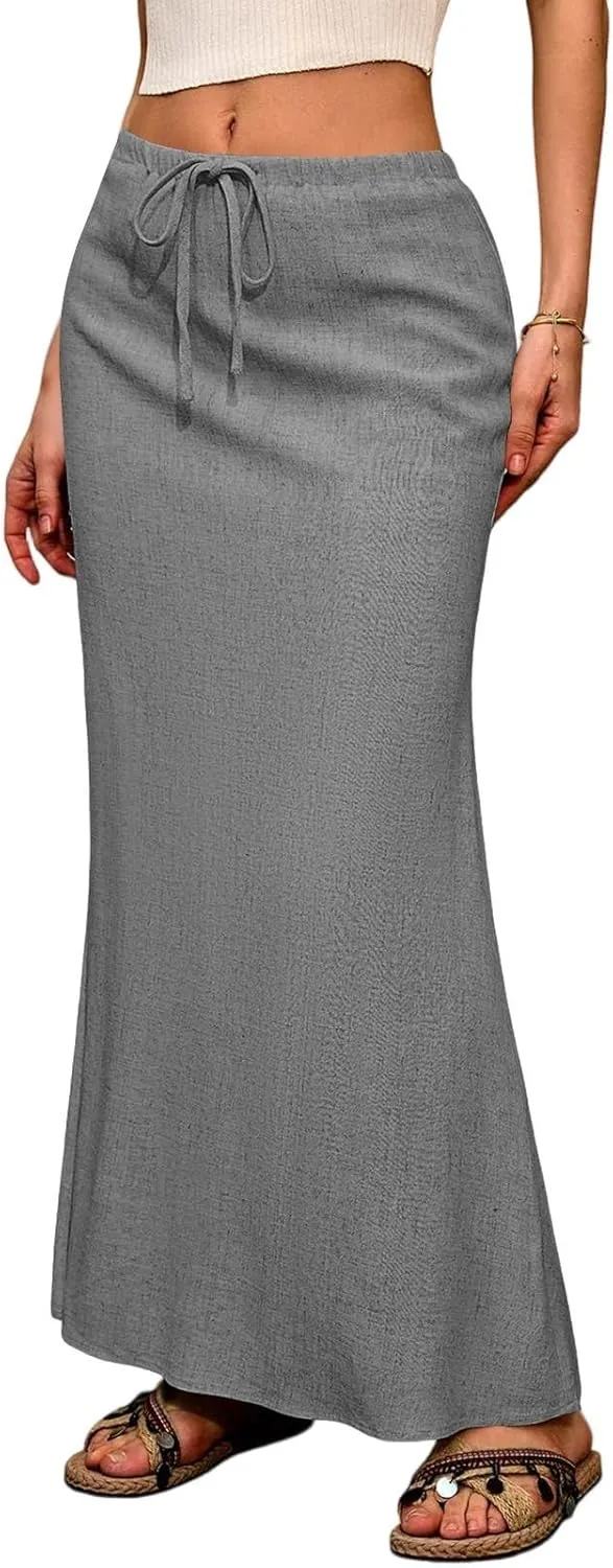 Maxi Skirts for Women Summer Cotton Linen Skirt Boho Back Slit Elastic A-Line Skirts Y2K Drawstring Long Skirt