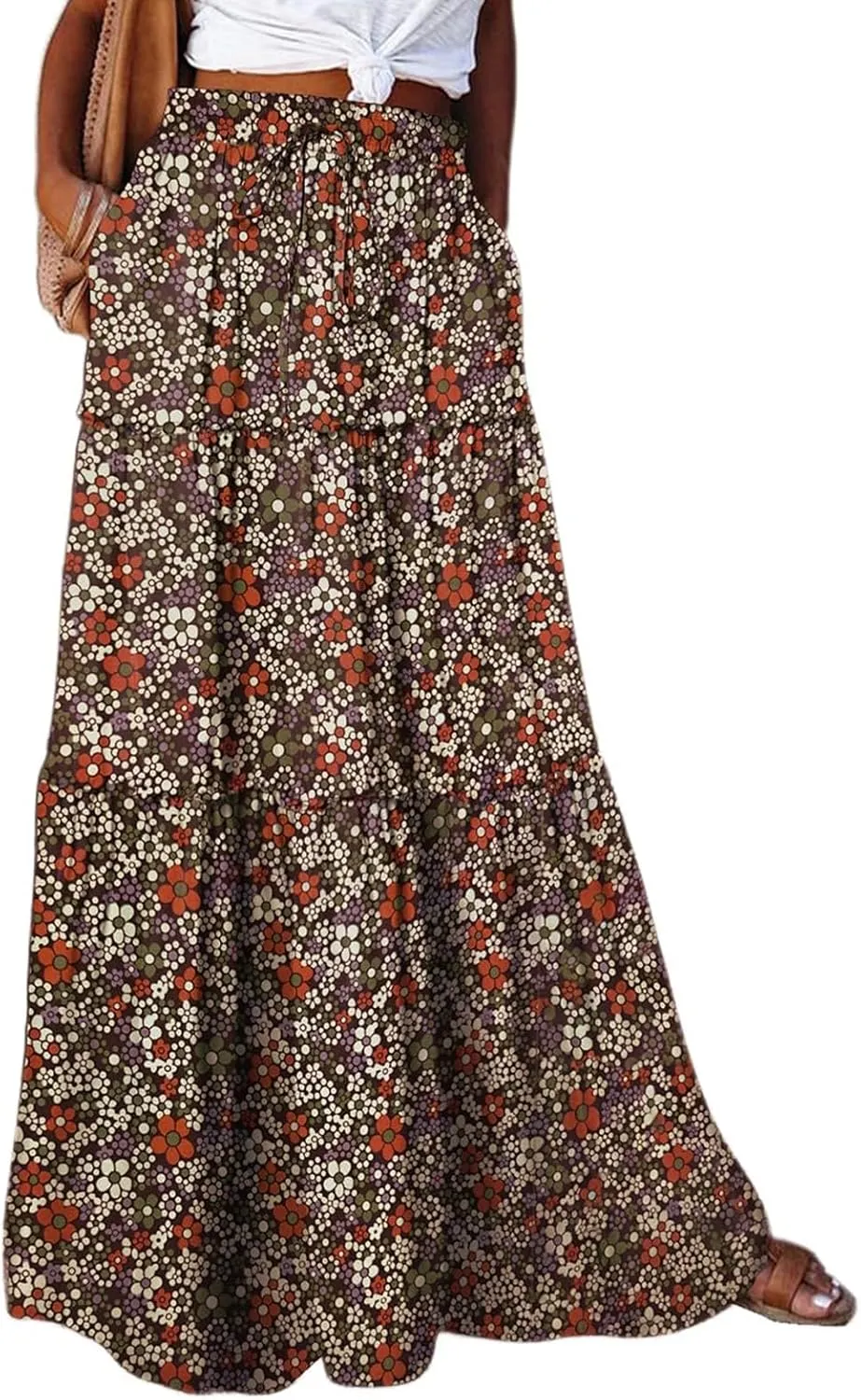 Maxi Skirts for Women Summer Floral Elastic High Waist Drawstring Tropical Skirts Pleated A-Line Tiered Long Skirt