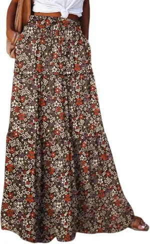 Maxi Skirts for Women Summer Floral Elastic High Waist Drawstring Tropical Skirts Pleated A-Line Tiered Long Skirt