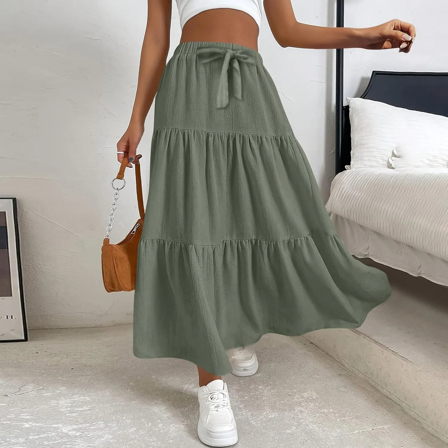 Maxi Skirts for Women Trendy Summer Drawstring Elastic High Waisted A Line Skirt Boho Tiered Smocked Long Flowy Skirt
