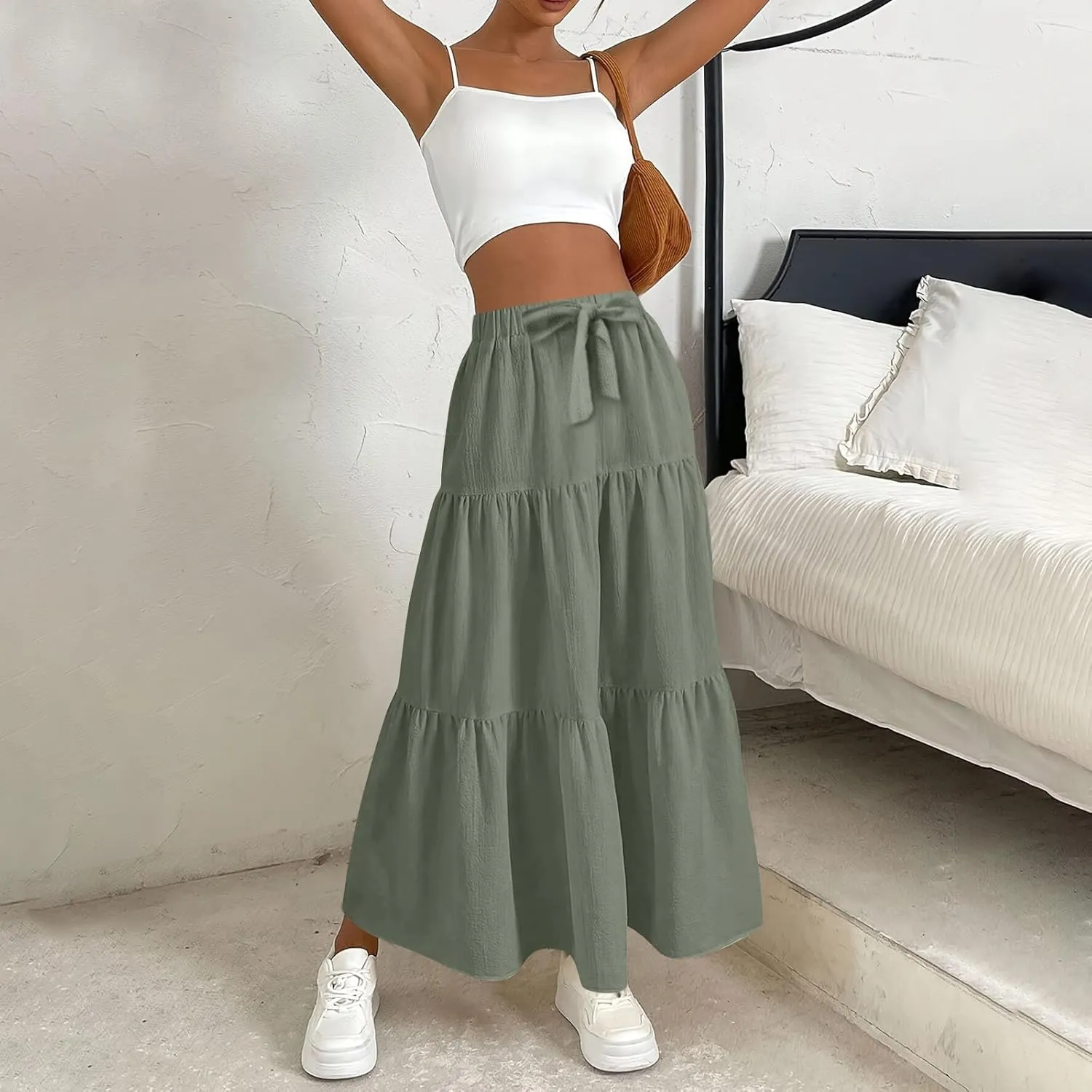 Maxi Skirts for Women Trendy Summer Drawstring Elastic High Waisted A Line Skirt Boho Tiered Smocked Long Flowy Skirt