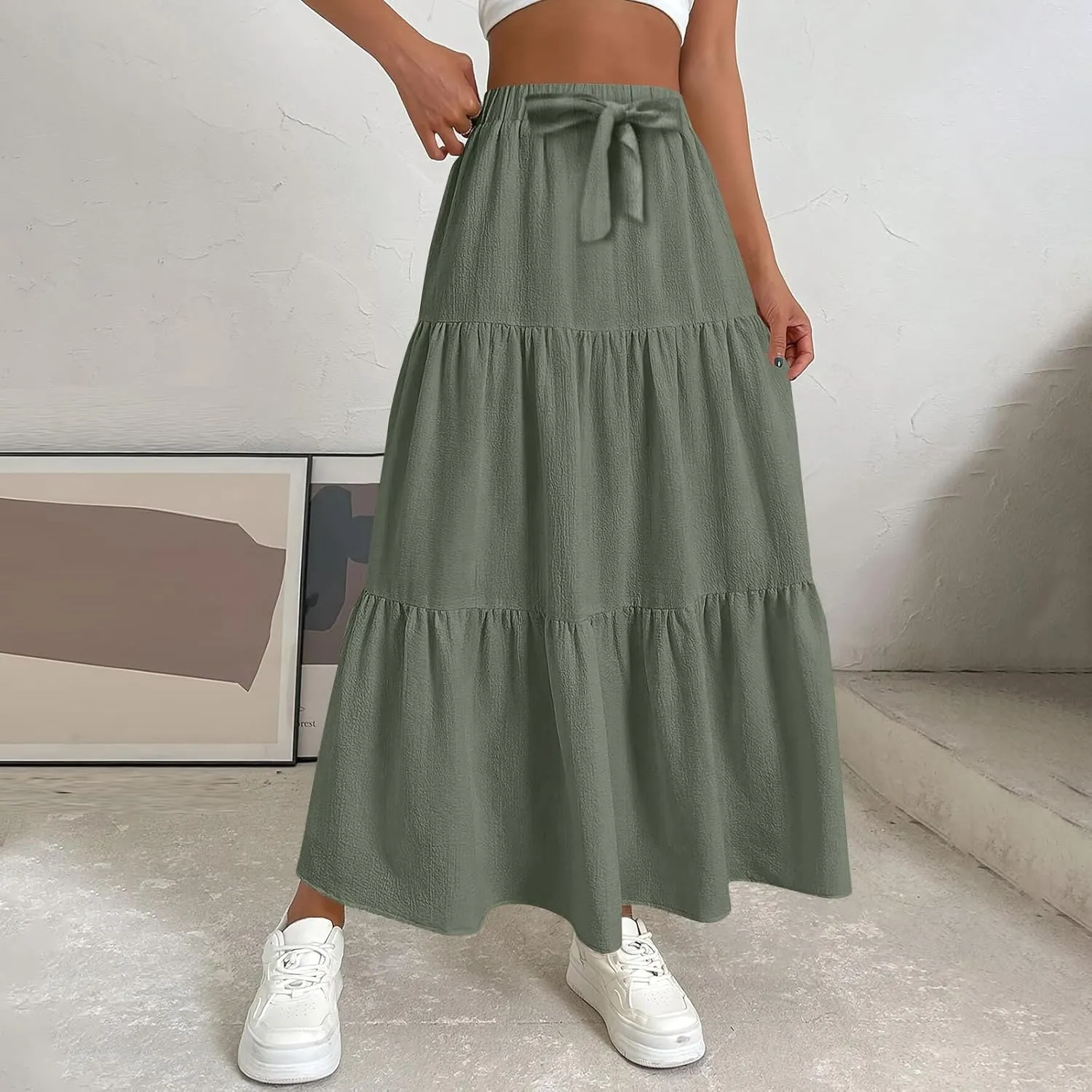 Maxi Skirts for Women Trendy Summer Drawstring Elastic High Waisted A Line Skirt Boho Tiered Smocked Long Flowy Skirt