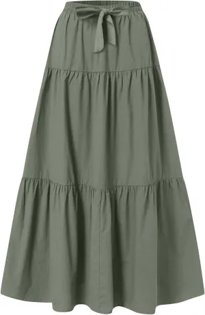Maxi Skirts for Women Trendy Summer Drawstring Elastic High Waisted A Line Skirt Boho Tiered Smocked Long Flowy Skirt