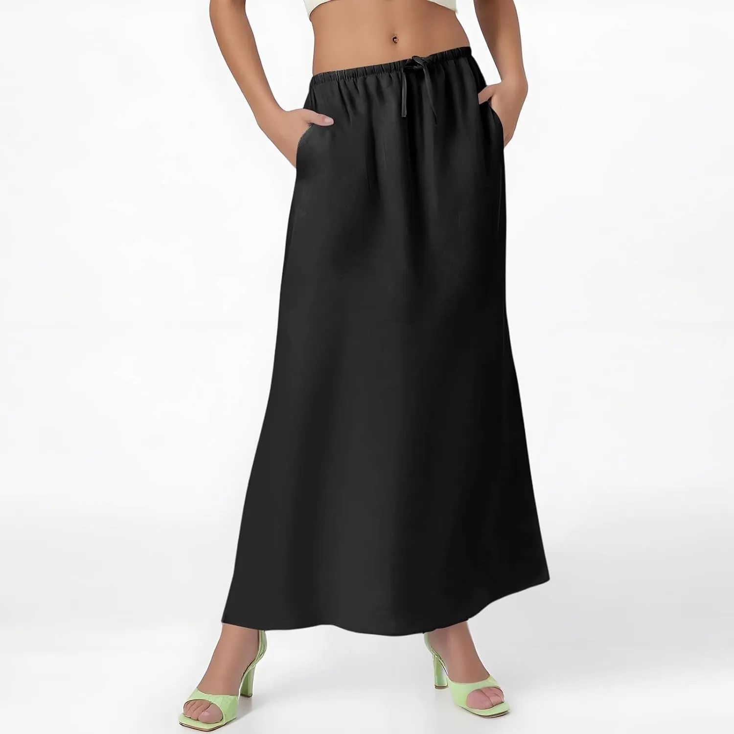 Maxi Skirts Women's Long Linen Skirts Summer Drawstring Elastic High Waisted A-Line Skirt Back Slit Beach Skirt
