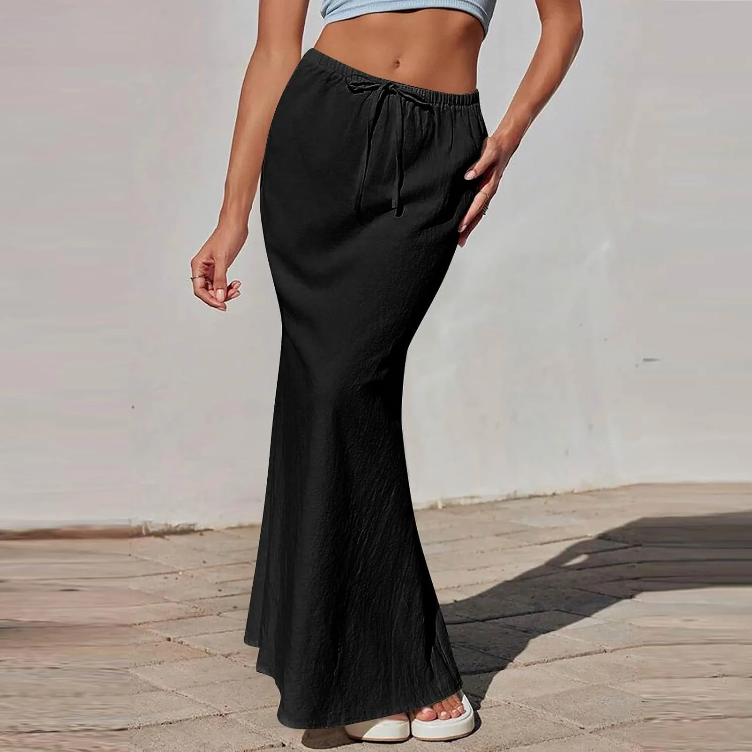 Maxi Skirts Women's Long Linen Skirts Summer Drawstring Elastic High Waisted A-Line Skirt Back Slit Beach Skirt