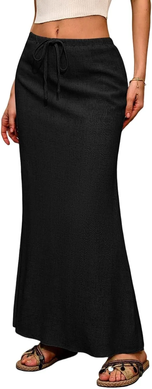Maxi Skirts Women's Long Linen Skirts Summer Drawstring Elastic High Waisted A-Line Skirt Back Slit Beach Skirt
