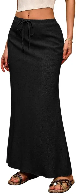 Maxi Skirts Women's Long Linen Skirts Summer Drawstring Elastic High Waisted A-Line Skirt Back Slit Beach Skirt