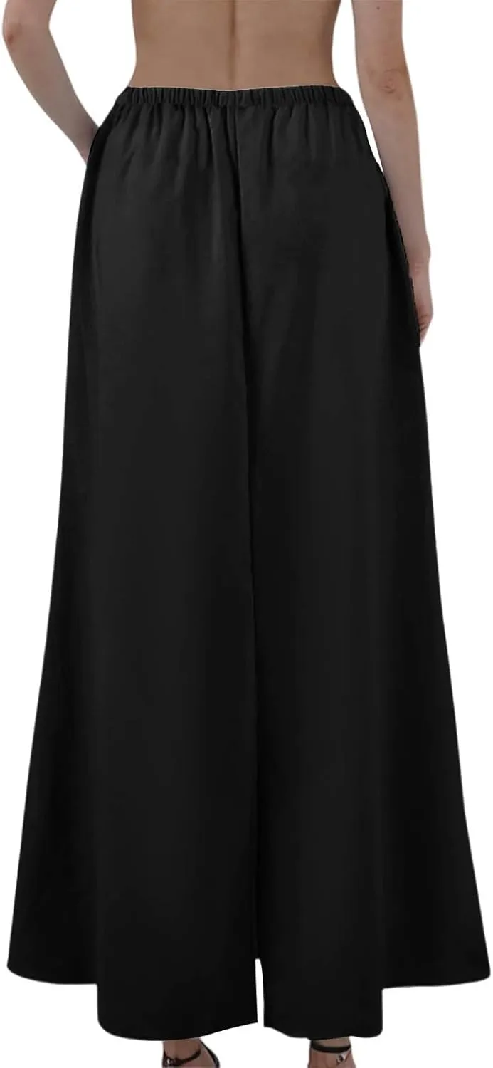 Maxi Skirts Women's Long Linen Skirts Summer Drawstring Elastic High Waisted A-Line Skirt Back Slit Beach Skirt