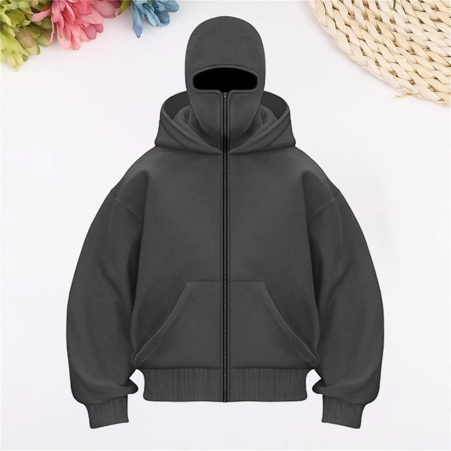 Men Balaclava Hoodie Double Hoodies Face Mask Spring Zip Up Hooded Jackets Ski Hking Fishing Athletic Sweatshirt Coat
