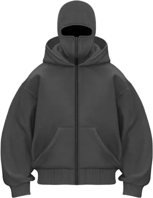 Men Balaclava Hoodie Double Hoodies Face Mask Spring Zip Up Hooded Jackets Ski Hking Fishing Athletic Sweatshirt Coat