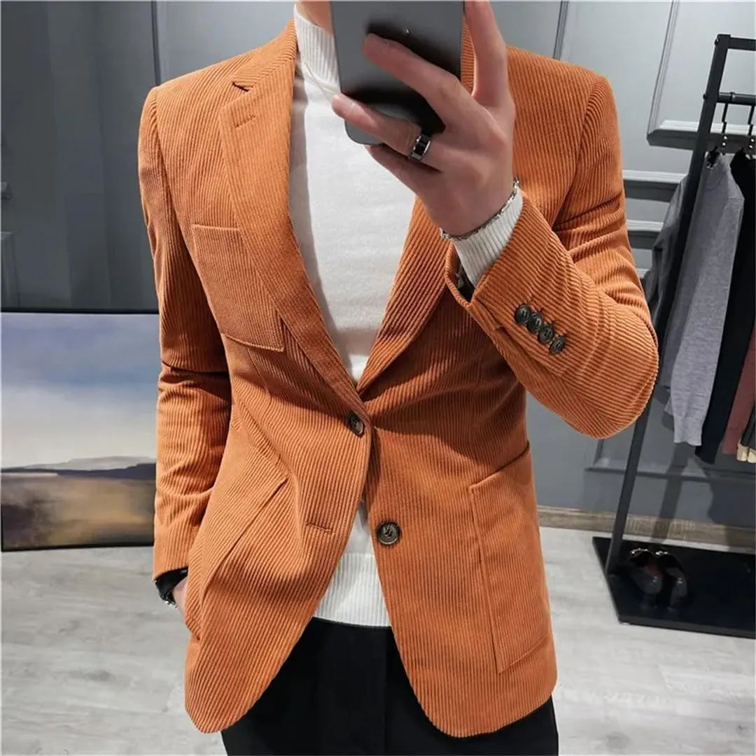 Men Corduroy Suit Jacket for Slim Fit Casual Business Blazers Office Banquet Party Coat