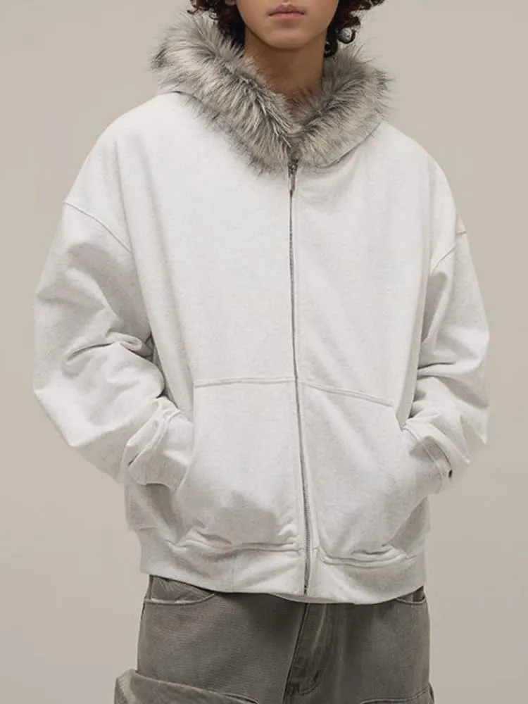 Men Hoodie Zip Up Y2k Zip Up Hoodie Fur Hooded Jacket Warm Winter Coat for Men with Hood Fur Collar Streetwear
