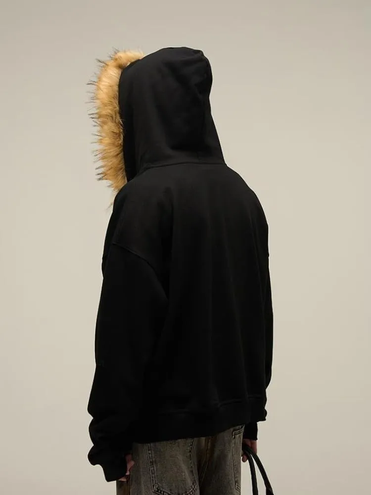 Men Hoodie Zip Up Y2k Zip Up Hoodie Fur Hooded Jacket Warm Winter Coat for Men with Hood Fur Collar Streetwear