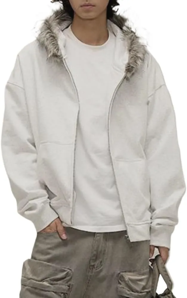 Men Hoodie Zip Up Y2k Zip Up Hoodie Fur Hooded Jacket Warm Winter Coat for Men with Hood Fur Collar Streetwear