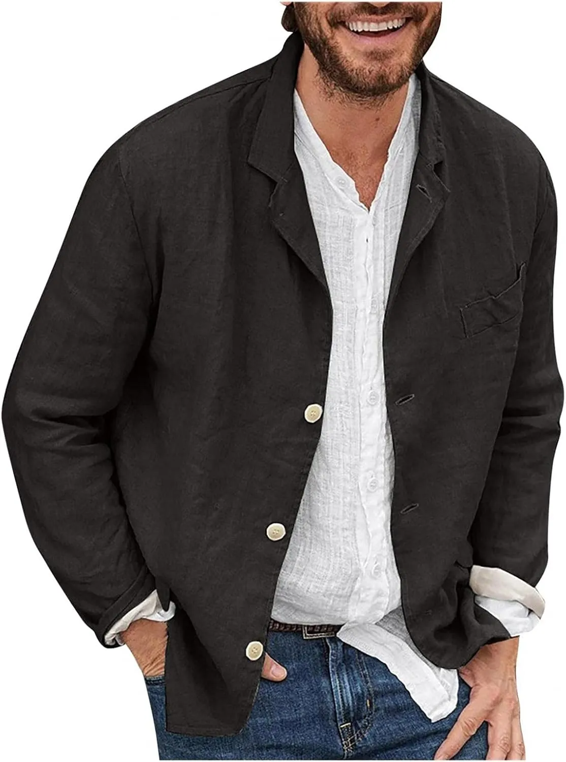 Men's Casual Suit Blazer Jackets Lightweight Linen Notched Collar Tailored Cardigan Tops Single-Breasted Sports Coats
