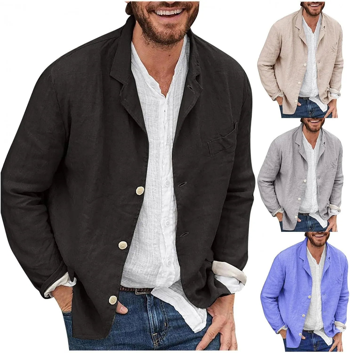 Men's Casual Suit Blazer Jackets Lightweight Linen Notched Collar Tailored Cardigan Tops Single-Breasted Sports Coats