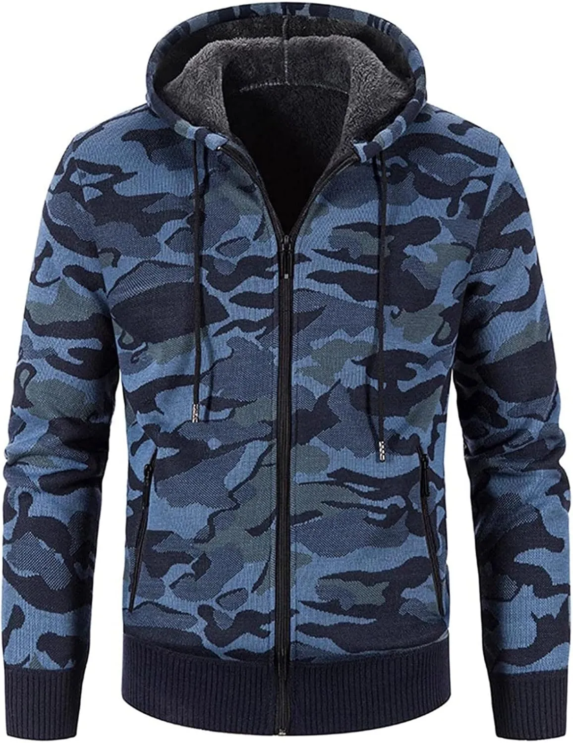 Mens Fleece Lined Hoodie Fashion Long Sleeve Warm Camouflage Printed Hooded Jacket Top
