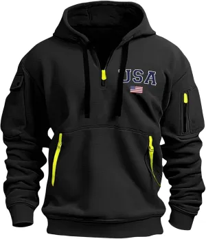 Mens Hoodies Pullover Quarter Zip American Flag Usa Printed Long Sleeve Drawstring Tactical Sweatshirts With Pockets