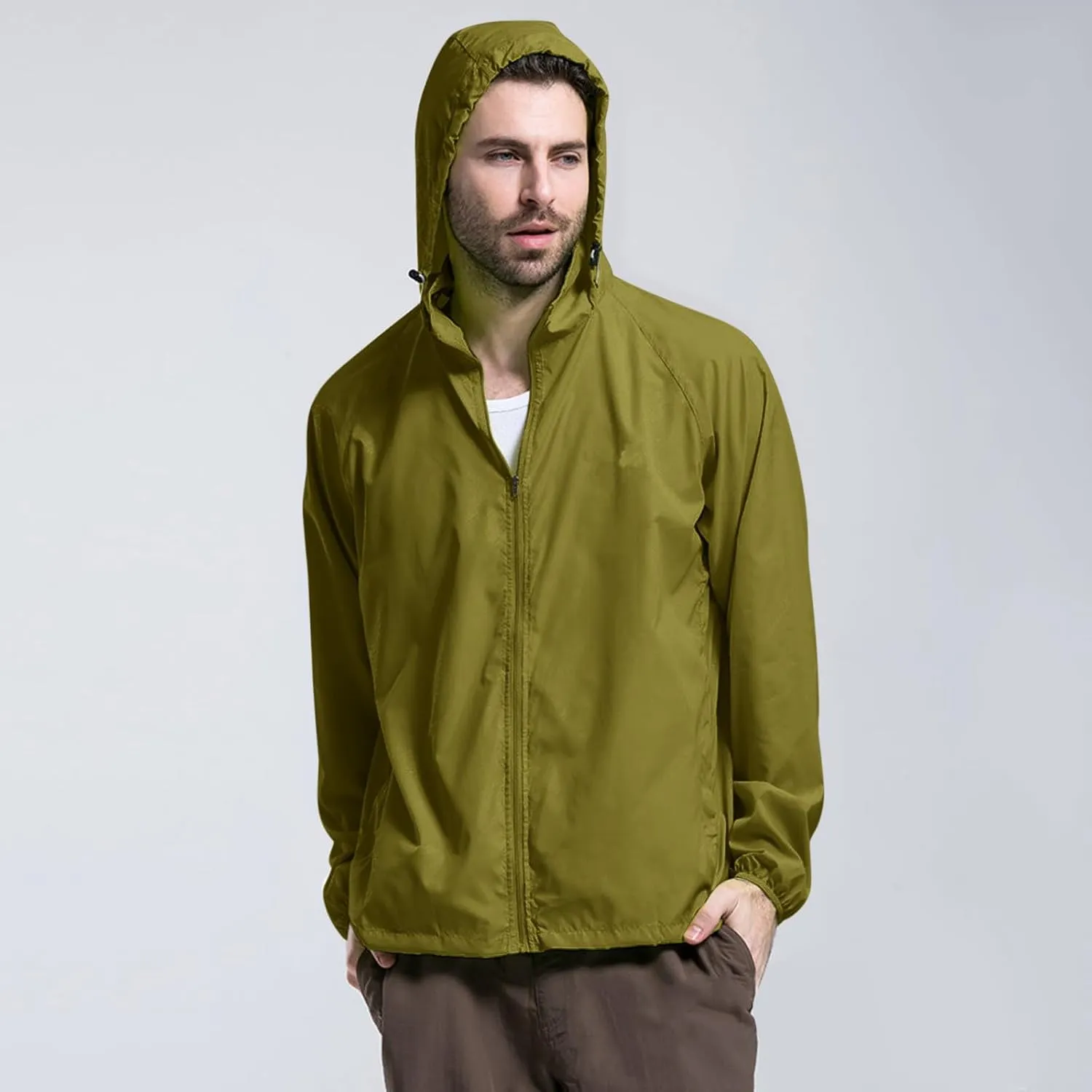 Mens Oversized Full Zip Rain Coats Unisex Baggy Outdoor Jackets with Hood Breathable Sports Windbreaker Lightweight Blouses