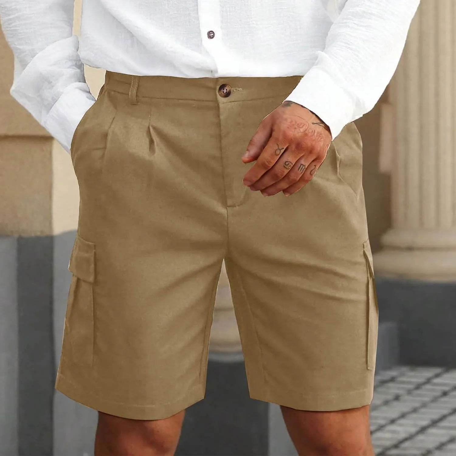 Mens Pleated Cargo Shorts Tailored Fit Button Waist Shorts with Side Utility Pockets and Clean Summer Styling
