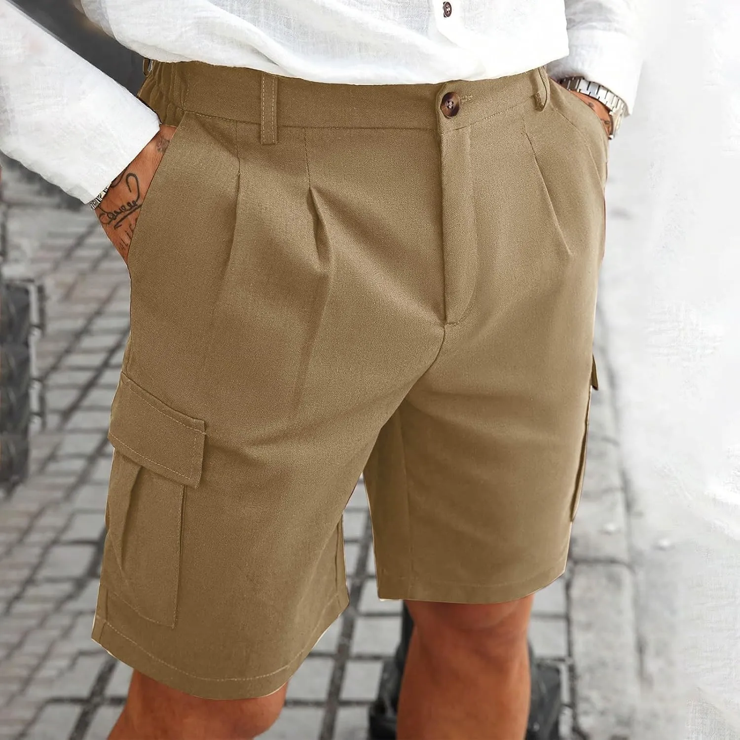 Mens Pleated Cargo Shorts Tailored Fit Button Waist Shorts with Side Utility Pockets and Clean Summer Styling
